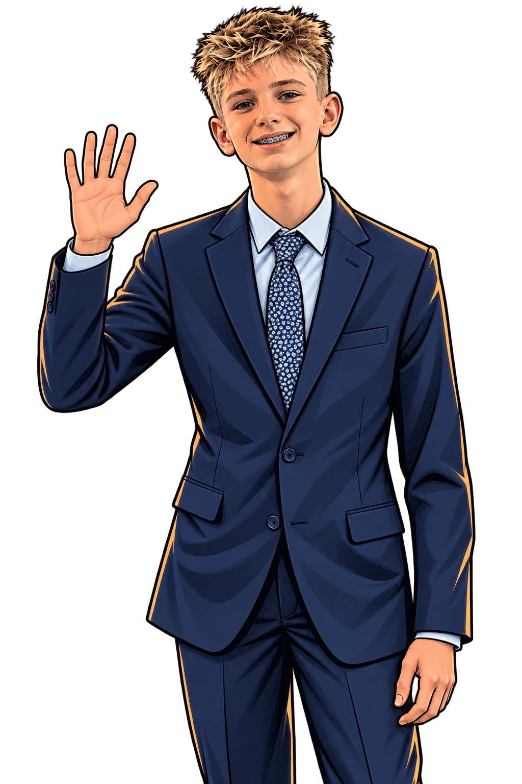 Illustration of Brayden smiling and waving in his navy suit